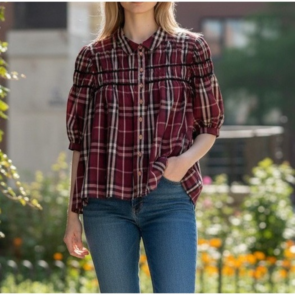 Anthropologie Maeve Leandra Plaid Smocked Babydoll Blouse Burgundy Plus 1X